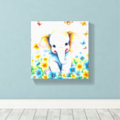 Toile Éléphant de bébé courant dans les fleurs (Insitu (Plancher de Bois))
