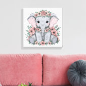Toile Eléphant mignon bébé aux fleurs roses (Insitu(Salon))