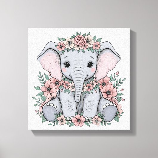 Toile Eléphant mignon bébé aux fleurs roses (Recto)