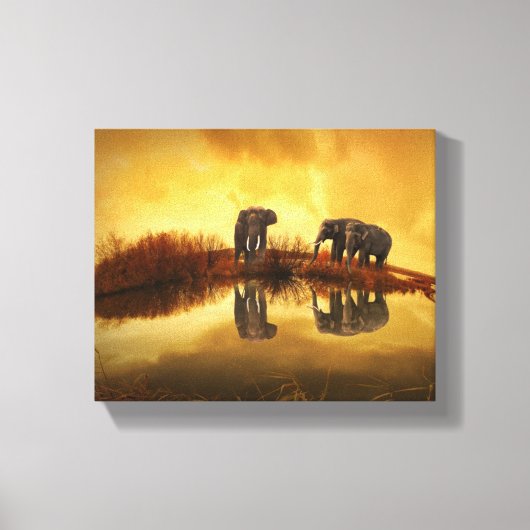 Toile Eléphants asiatiques en Thaïlande sous un coucher  (Recto)
