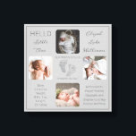 Toile Empreintes photos multiples Gris de naissance<br><div class="desc">Créez un saké de naissance qui est aussi unique que votre précieux enfant avec ce design photo "Hello Little One" quatre avec le nom de votre bébé, les statistiques de naissance, les noms des parents et des frères et soeurs. Au centre, vous trouverez deux lignes modèles pour votre message personnel...</div>