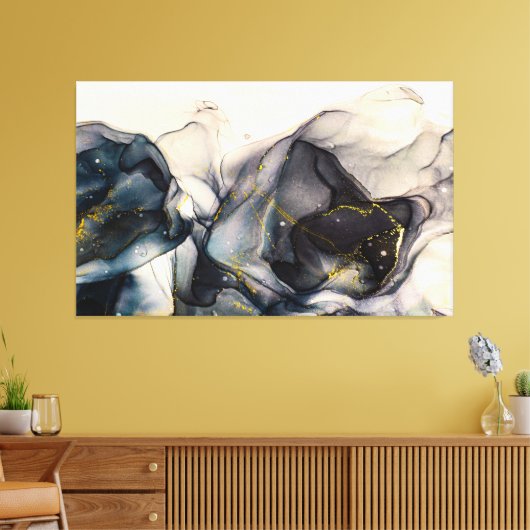 Toile Encre Abstraite d'alcool noir, blanc et or (Insitu(Salon))