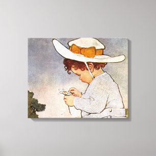 Toile Enfant Antique Cueillant des Marguerites Bessie Pe