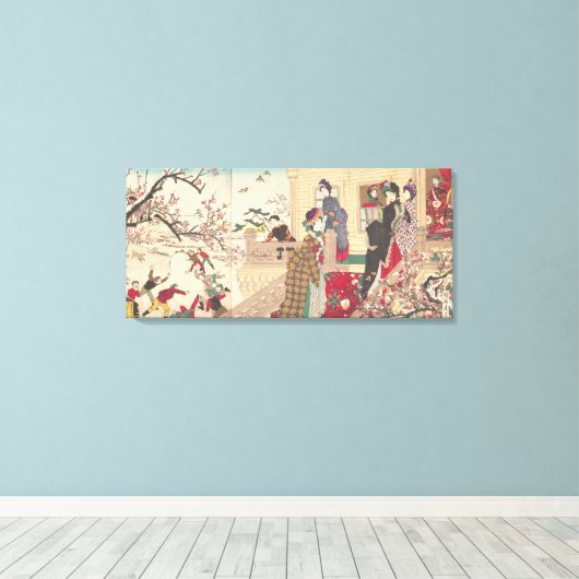 Toile Enfants jouant dans la neige sous les pruniers (Insitu (Plancher de Bois))