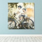 Toile Enfants mignons riant à vélo (Insitu (Plancher de Bois))