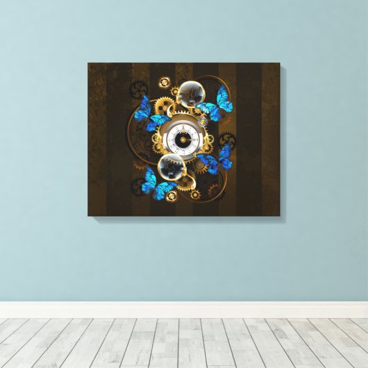 Toile Engrenages à vapeur et papillons bleus (Insitu (Plancher de Bois))