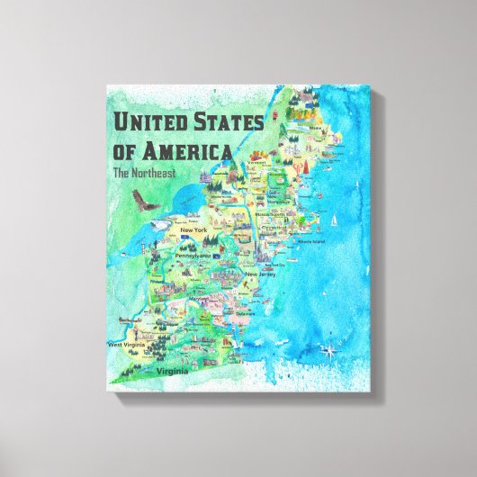 Toile États-Unis Nord-Est Carte VA WV MD PA NY MS CT RI (Recto)