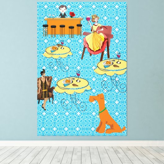 Toile étirée Rétro Femme Chien Dinning (Insitu (Plancher de Bois))