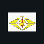 Toile Etude12. Gateway.<br><div class="desc">"Etude12. Gateway" is an abstract graphic composition featuring a bold geometric style. At its heart lies a stylized yellow disc intersected by dynamic red and orange elements resembling arrows or antennas. The entire composition is framed within a diamond shape formed by parallel golden plates against a deep black background. The...</div>