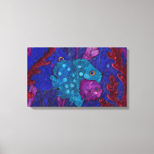 Toile Famille de poissons dans les algues, bleu et viole