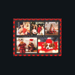 Toile Family Name 5 Photo Collage Red Plaid Modern<br><div class="desc">Family Name 5 Photo Collage Red Plaid Modern Canvas Print dispose d'un montage photo de cinq de vos photos préférées avec votre nom de famille personnalisé en élégant script blanc sur un arrière - plan plaid rouge. Personnalisez en modifiant le texte dans les zones de texte fournies. Un cadeau parfait...</div>