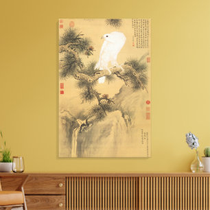 Toile Faucon blanc vintage sur un art chinois de pin