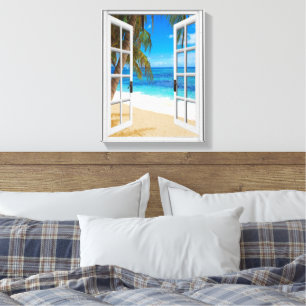 Toile Fausse vue de fenêtre sur la plage et l'océan