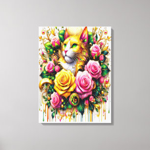 Toile Félin au milieu d'une floraison vibrante 18x24