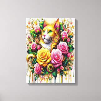 Toile Feline au milieu d'une floraison vibrante 12x16