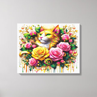 Toile Feline au milieu d'une floraison vibrante 20x16