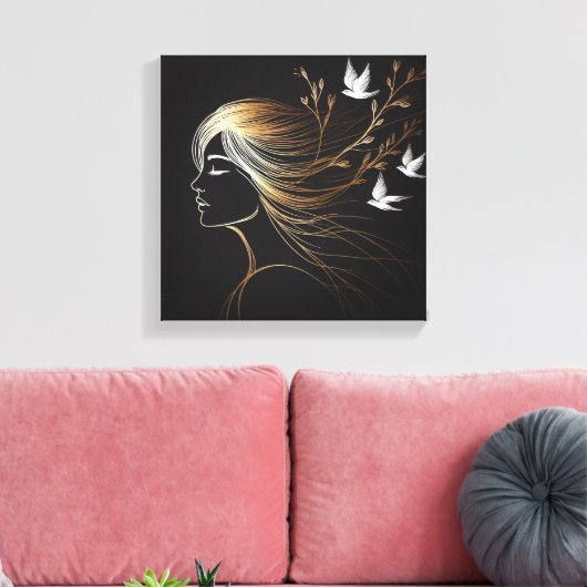 Toile Feminine Line Art Profile with Gold Birds and Bran (Insitu(Salon))