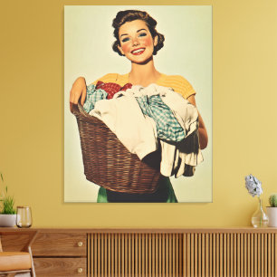 Toile Femme au foyer souriante avec panier de blanchisse