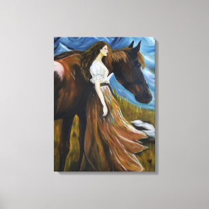 Toile Femme avec cheval dans un paysage de montagne, pei
