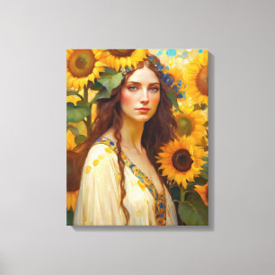 Toile Femme de tournesol avec couronne de cheveux Fleurs