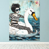 Toile Femme en tenue zébrée flottant sur un cygne (Insitu (Plancher de Bois))