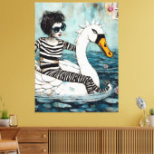 Toile Femme en tenue zébrée flottant sur un cygne (Insitu(Salon))