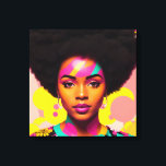 Toile Femme noire colorée Afro Pop Art<br><div class="desc">Cette oeuvre d'art pop-art présente une belle femme noire avec une grande afro, les années 70 esthétique avec un peu de puissance de fleur et boucles d'oreilles. Une beauté mélanine vibrante avec des cheveux naturels dans une pièce d'art numérique multicolore et audacieuse. Le cyan, le magenta rose et le jaune...</div>
