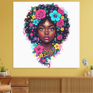 Toile Femme noire profonde avec afro orné de fleurs bril