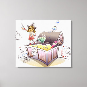 Toile Femme pirate debout sur un coffre au trésor