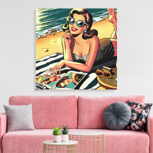 Toile Femme rétro sur la plage lisant un magazine de mod