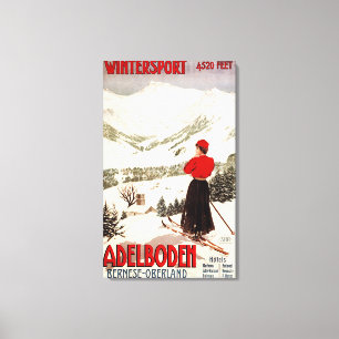 Toile Femme Skier Vue sur Adelboden Poster
