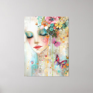 Toile Femmes artistiques, fleurs et papillons