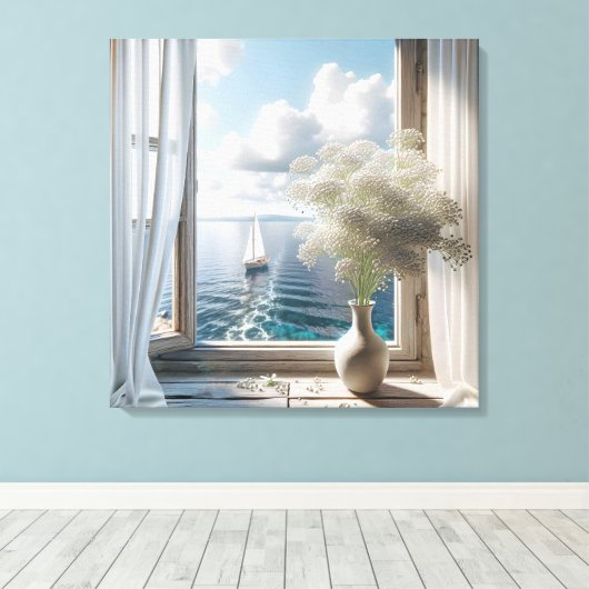 Toile Fenêtre avec voilier Vue Océan (Insitu (Plancher de Bois))