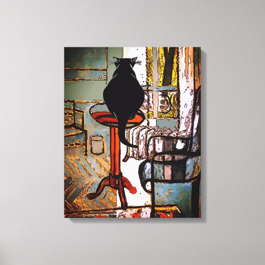 Toile Fenêtre verte avec chat noir (Recto)
