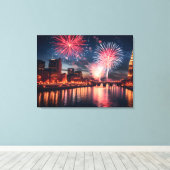 Toile Feu d'artifice dans la ville de nuit (Insitu (Plancher de Bois))