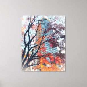 Toile Feuilles d'automne et gratte-ciel