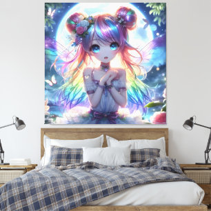 Toile Fille Anime Cheveux Arc-en-Ciel Chantant Fée Lune