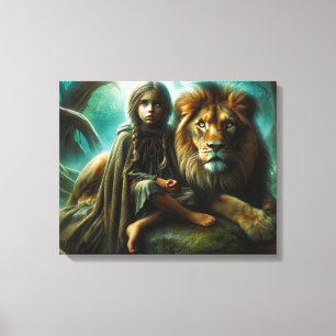 Toile Fille avec un lion