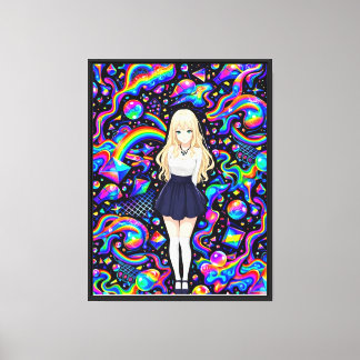 Toile Fille d'anime psychédélique motif néon arc-en-ciel