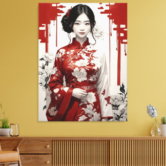 Toile fille en rouge et argent