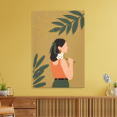 Toile Fille Moderne avec Illustration Florale Verte (Insitu(Salon))