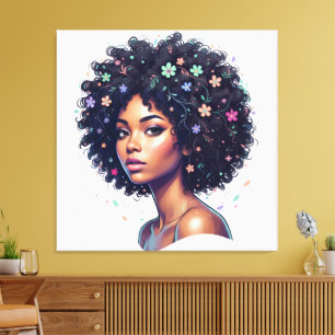 Toile Fille noire fantaisiste avec afro orné de fleurs