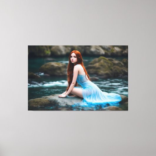 Toile fille rousse robe bleue nature eau pierre (Recto)