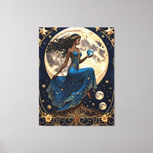 Toile fille tarot tenant racines et lune - peinture (Recto)