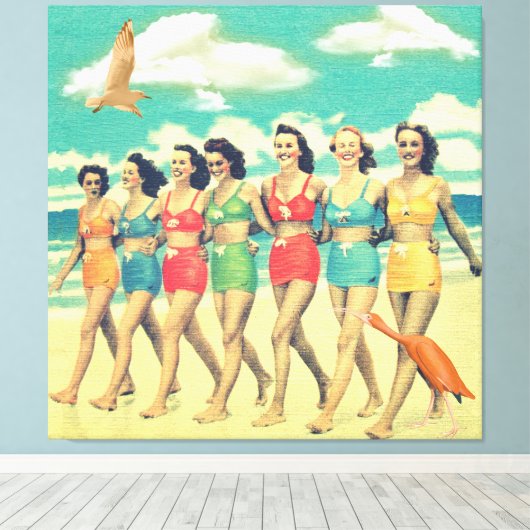 Toile Filles Walking Beach Retro Collage (Insitu (Plancher de Bois))