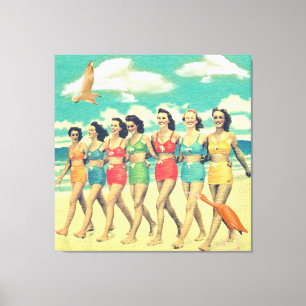 Toile Filles Walking Beach Retro Collage