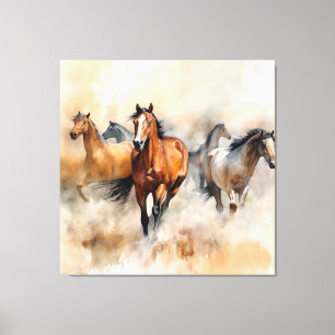 Toile "Five Wild Mustangs" Aquarelle Occidentale Dusty