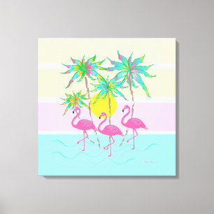 Toile Flamants roses roses cool Sun et Palm Trees Mur Ar