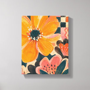 Toile Fleur abstraite maximaliste à carreaux de safran C