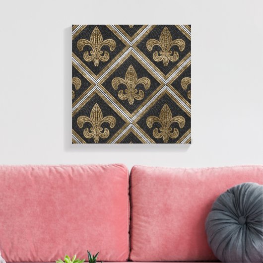 Toile Fleur-de-lis mosaic tile pattern black and gold (Insitu(Salon))